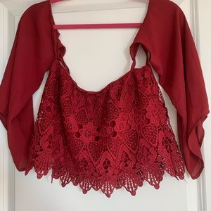 Burgundy off-the-shoulder lace top